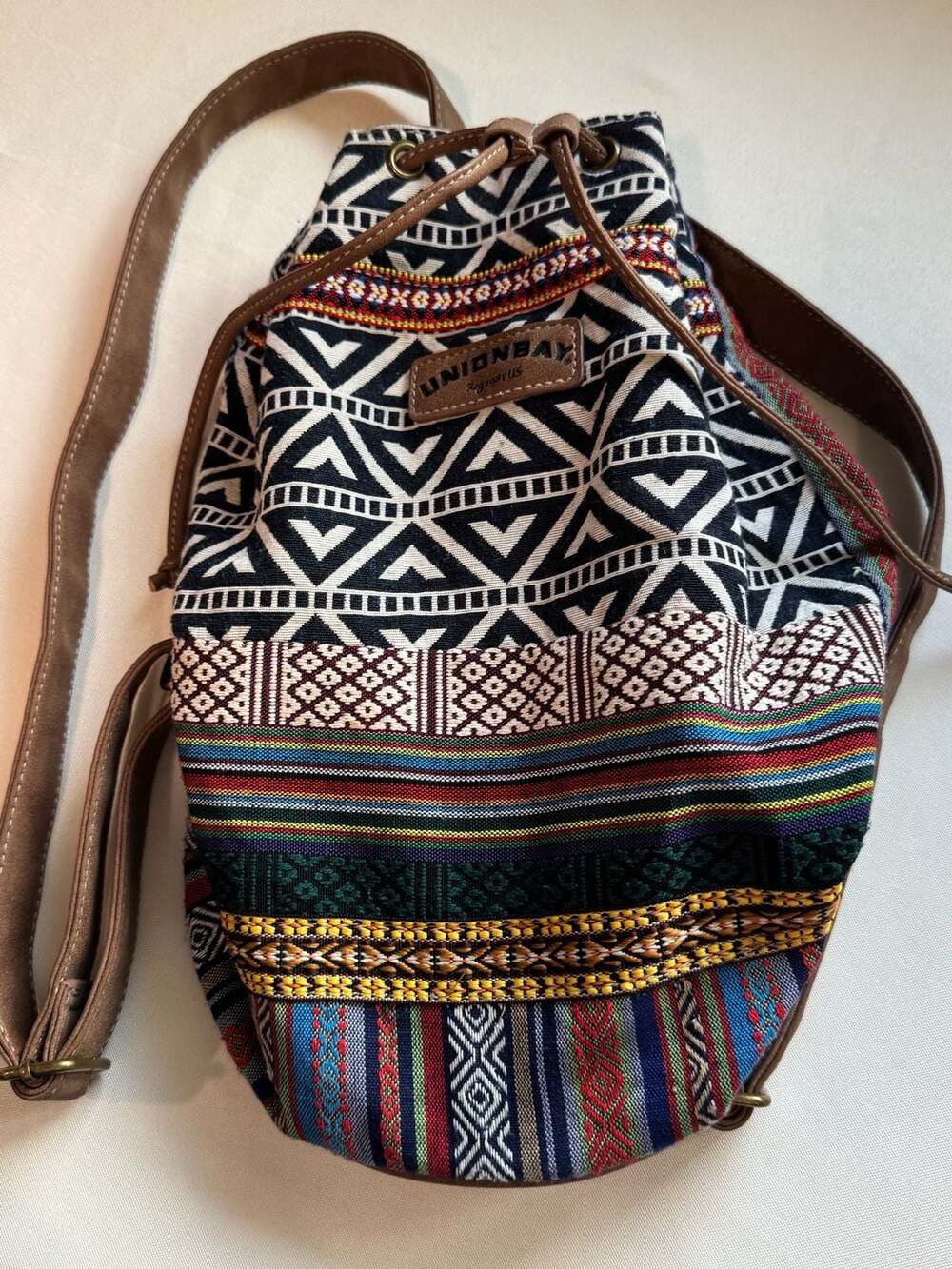 Boho Aztec Woven Drawstring Bucket Backpack Festival Southwestern Y2K